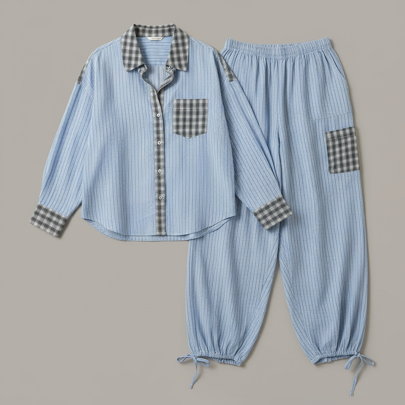 Women's Pajama Set | Long Sleeve Cotton Blend Shirt & Trousers