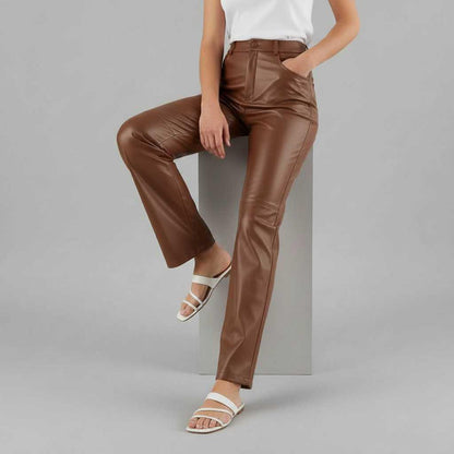 High Waist Wide Leg Leather Pants | Women's Trousers