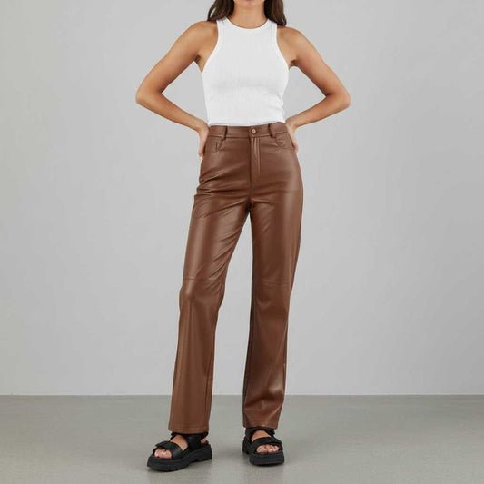 High Waist Wide Leg Leather Pants | Women's Trousers