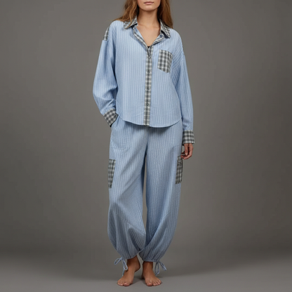 Women's Pajama Set | Long Sleeve Cotton Blend Shirt & Trousers