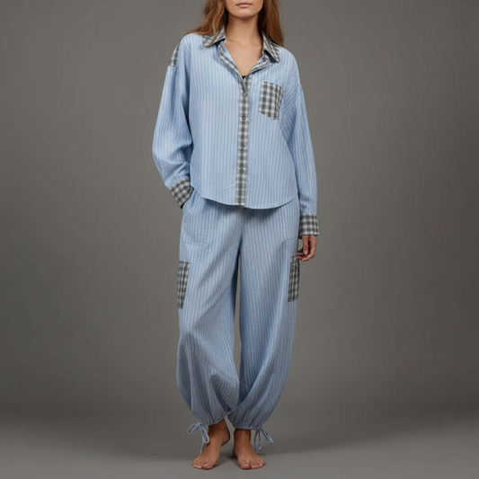 Women's Pajama Set | Long Sleeve Cotton Blend Shirt & Trousers