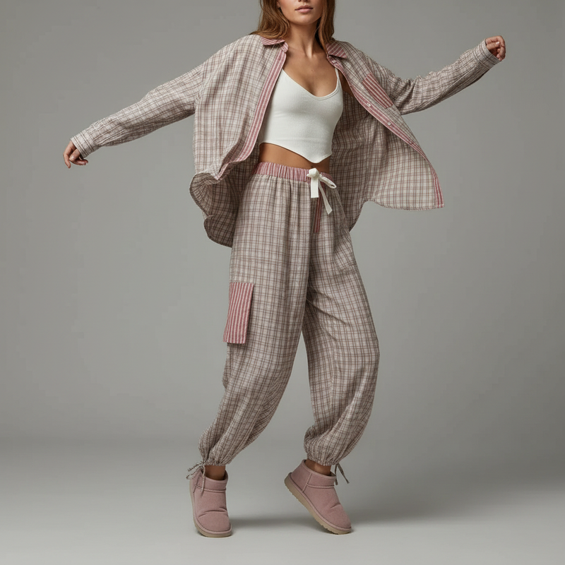 Women's Pajama Set | Long Sleeve Cotton Blend Shirt & Trousers