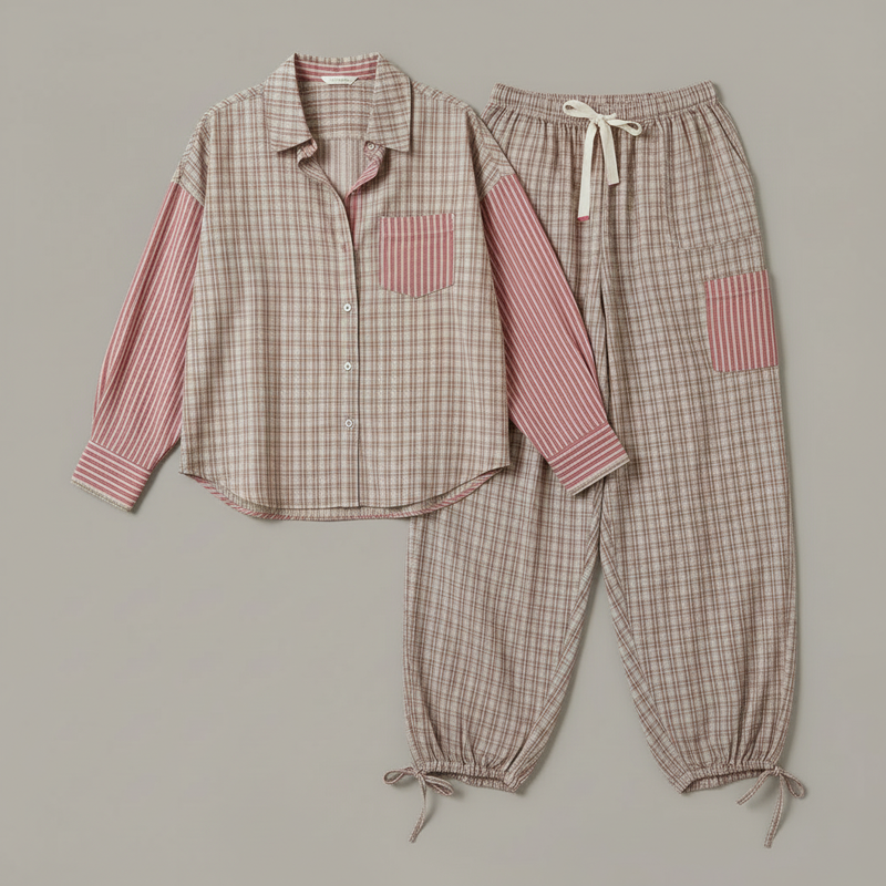 Women's Pajama Set | Long Sleeve Cotton Blend Shirt & Trousers